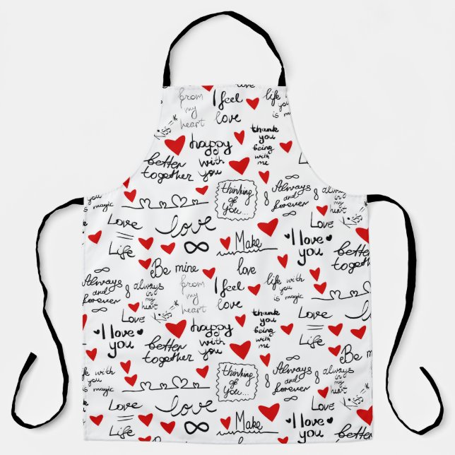 Love phrases, doodle hearts, valentines pattern. apron (Front)