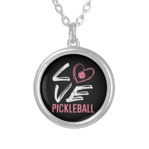Love Pickleball Heart Pickle Ball Women Girls Kids Silver Plated Necklace