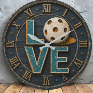 Love Pickleball Rustic Vintage Pickleball Lover Large Clock