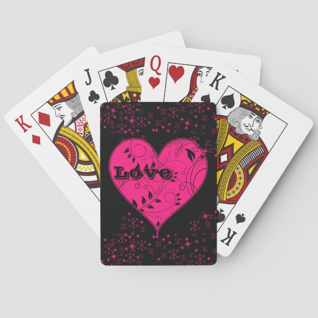 Love Pink and Black Filigree Heart Playing Cards (Back)