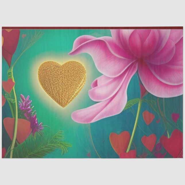 Love -Pink Flowers and Hearts  Tissue Paper (Front)