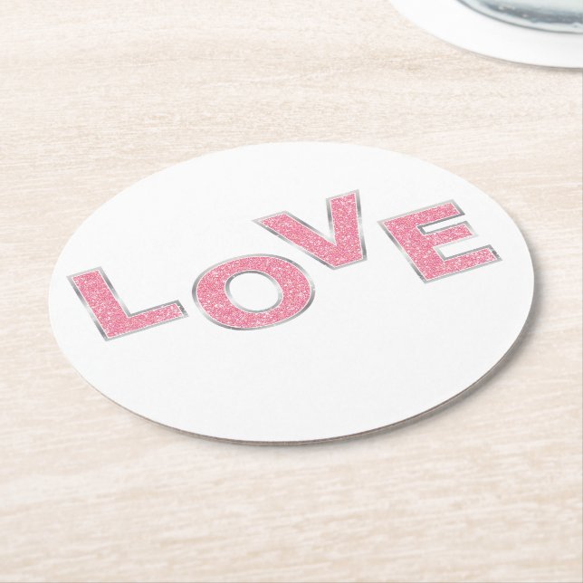 Love Pink Glitter Round Paper Coaster (Angled)