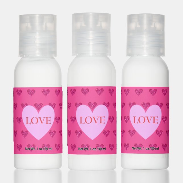 Love pink heart and heart pattern on fuchsia pink hand lotion (Set)