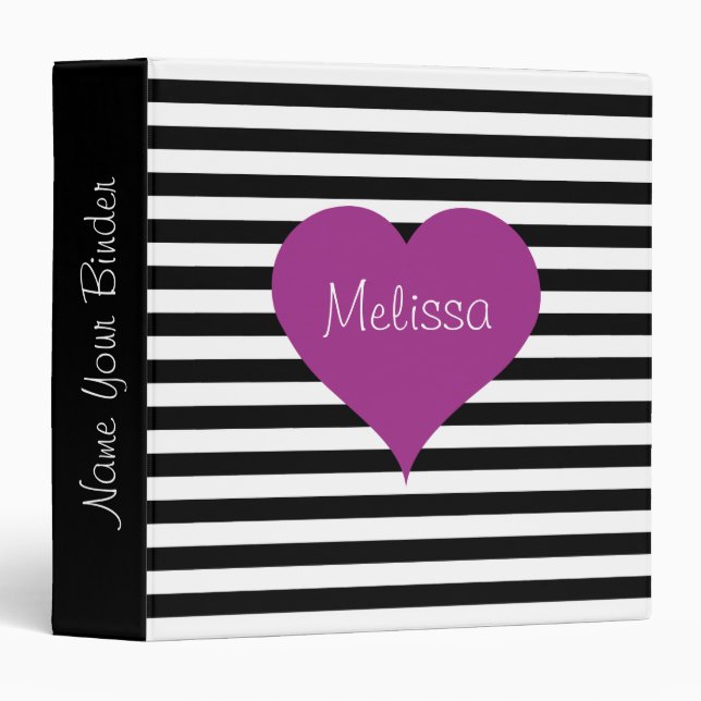LOVE Pink Heart Black & White Stripes Pattern Name 3 Ring Binder (Front/Spine)
