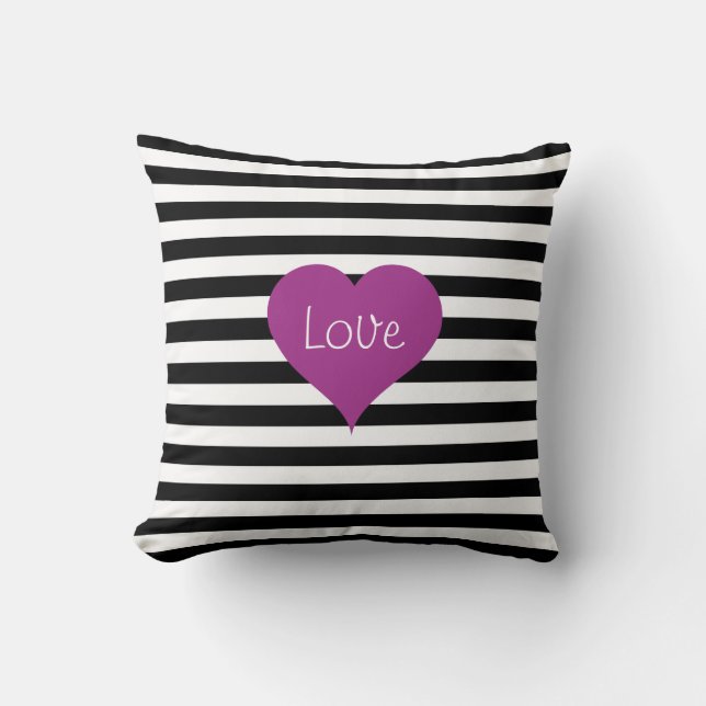 LOVE Pink Heart Black & White Stripes Pattern Throw Pillow (Front)