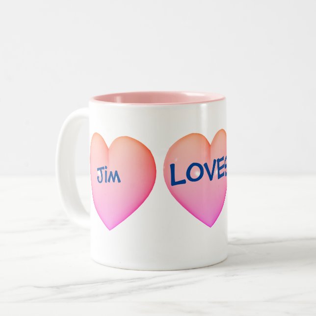 Love Pink Heart Personalized Two-Tone Coffee Mug (Front Left)
