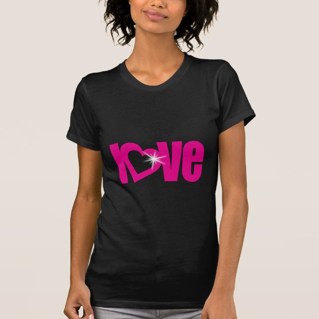 "love" pink heart text black t-shirt (Front)