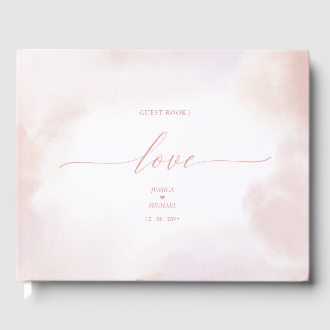 Love | Pink Heart & Watercolor Wedding Guest Book (Front)