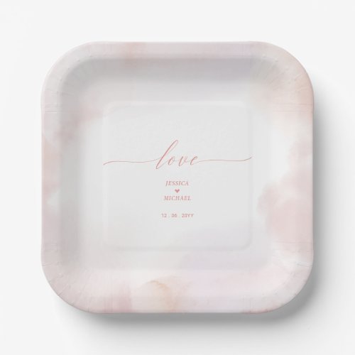 Love  Pink Heart  Watercolor Wedding Reception  Paper Plates