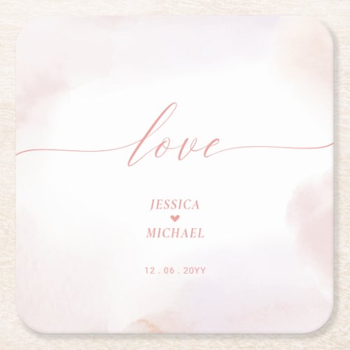 Love  Pink Heart  Watercolor Wedding Square Paper Coaster