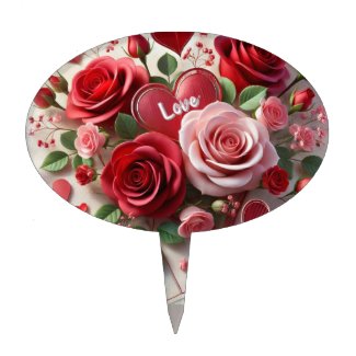 Love Pink Rose Red Hearts Cake Pick