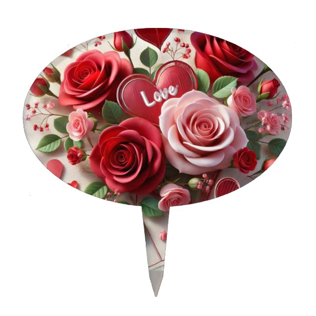 Love Pink Rose Red Hearts Cake Pick (Front)