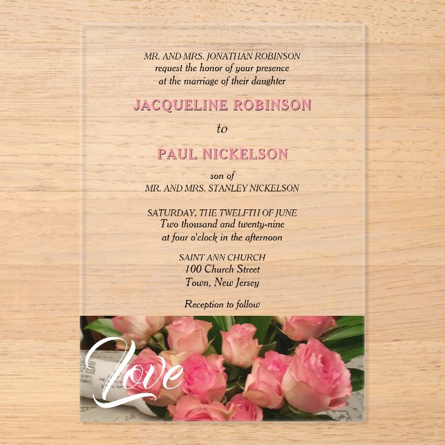 Love Pink Roses Bride and Groom Clear Acrylic Invitations (Front)