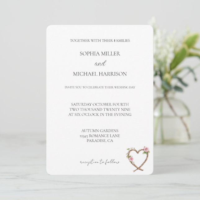Love Pink Roses Floral Western Heart Wedding Invitation (Standing Front)