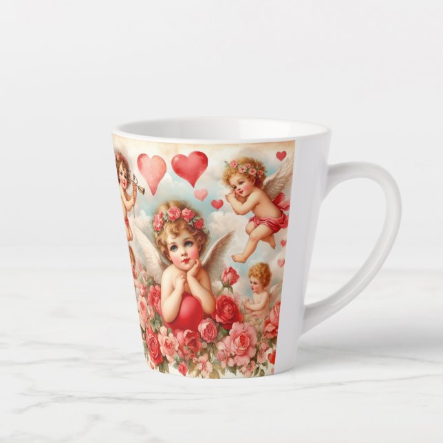 Love Pink Roses Hearts Angels Latte Mug (Right)