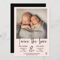 Love pink script heart photo baby twins birth announcement