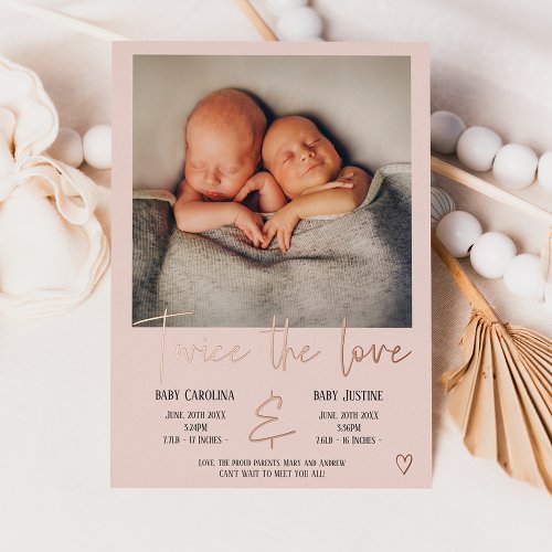 Love pink script heart photo baby twins birth foil invitation
