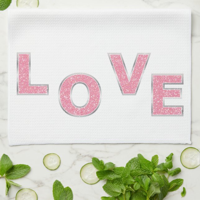 Love Pink Silver Glitter Kitchen Towel (Folded)