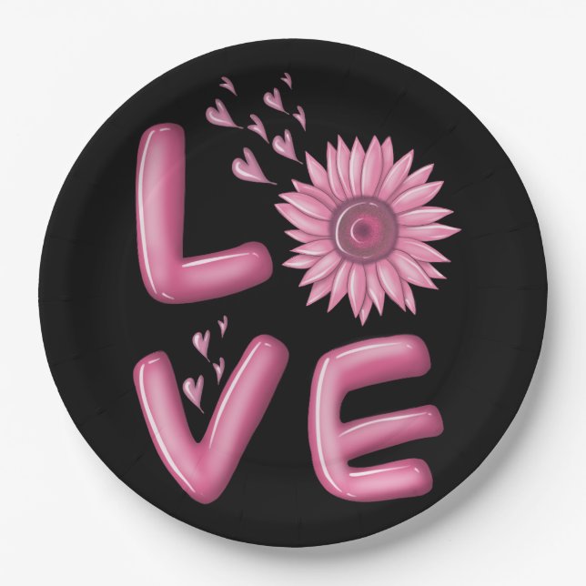 Love Pink Sunflower Round  Paper Plates (Front)