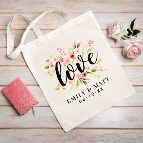 Love Pink Watercolor Flowers Wedding Monogram Tote Bag