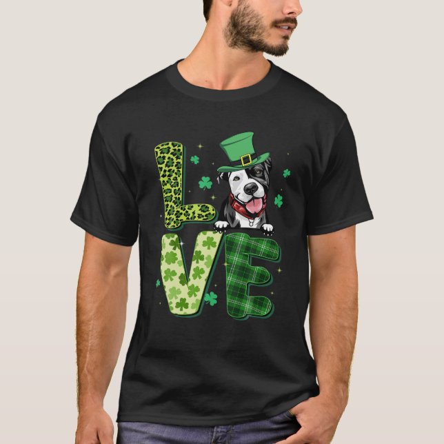 Love Pitbull Shamrock Leopard Plaid Happy St Patri T-Shirt (Front)
