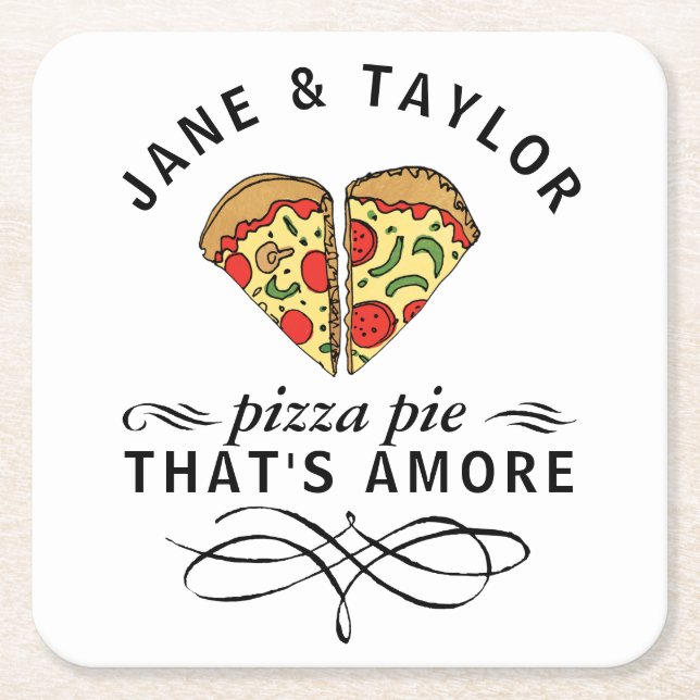 Love Pizza Add Names Square Paper Coaster (Front)