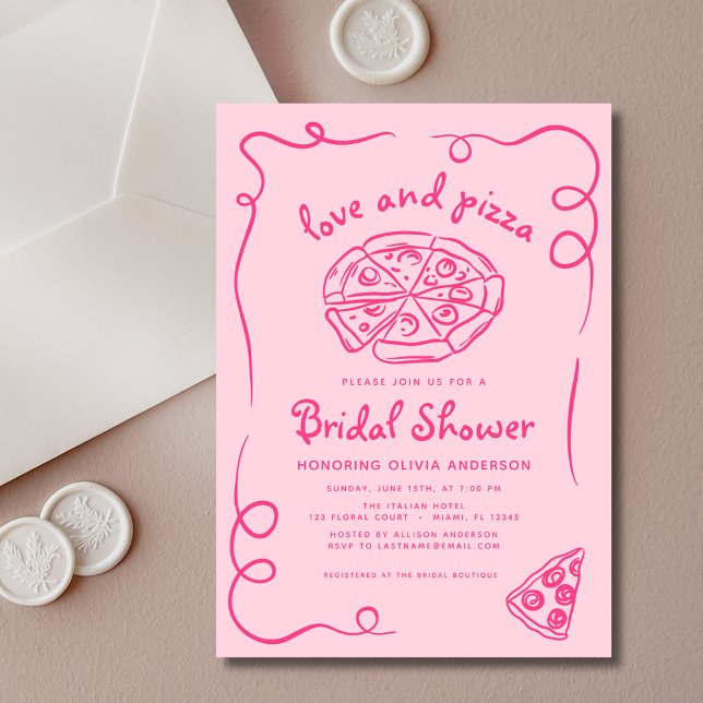 Love & Pizza Italian Hand Drawn Pink Bridal Shower Invitation (Creator Uploaded)