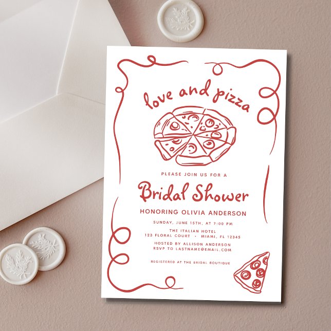 Love & Pizza Italian Hand Drawn Red Bridal Shower Invitation (Creator Uploaded)