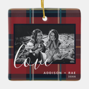 Love Plaid Holiday Custom Photo Red Ceramic Ornament