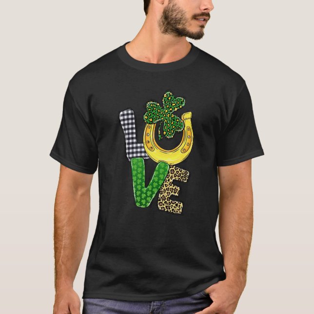 Love Plaid Leopard Shamrock C Horse Shoes Patrick' T-Shirt (Front)