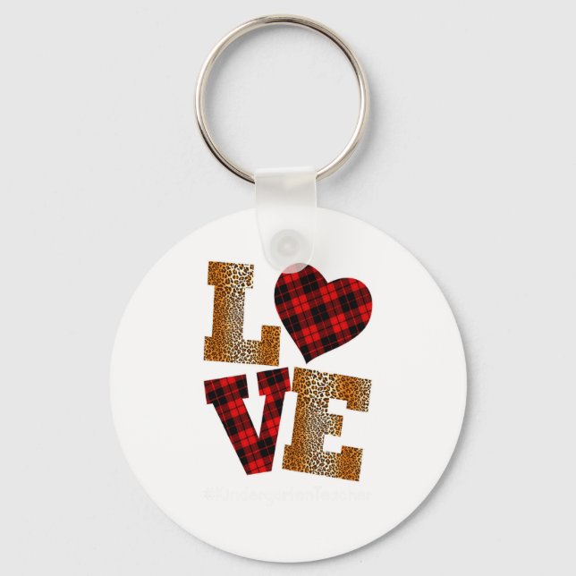 Love Plaid Red Leopard Kindergarten Teacher Valent Keychain (Front)