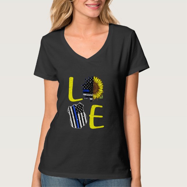 Love Police Blue Line Sunflower Art T-Shirt (Front)