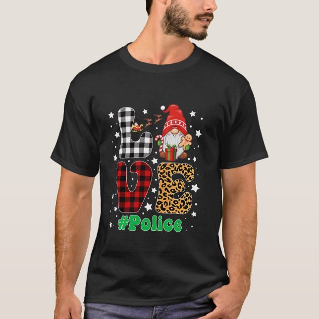 Love Police Gnome Christmas Leopard Plaid Xmas Paj T-Shirt (Front)