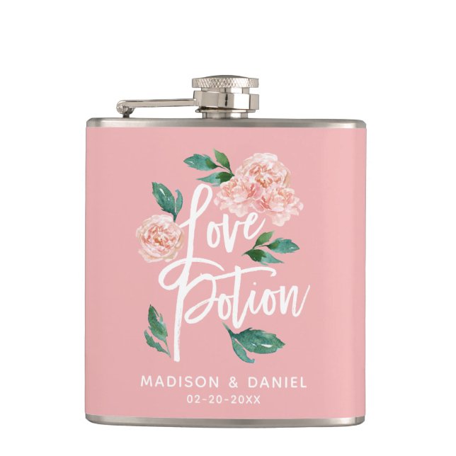 Love Potion Blush Pink Floral Personalized Flask (Front)