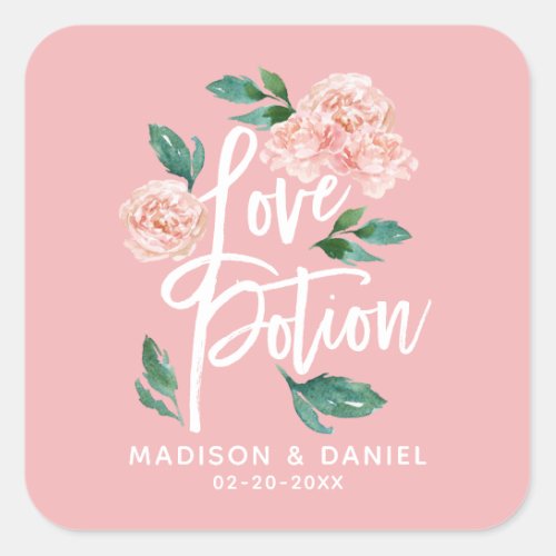 Love Potion Blush Pink Floral Personalized Square Sticker