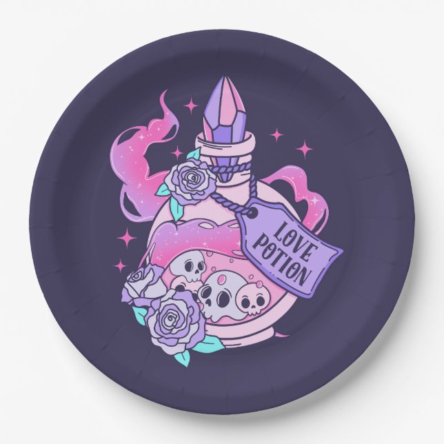 Love Potion Cute Pink Halloween Potion Bottle Paper Plates (Front)