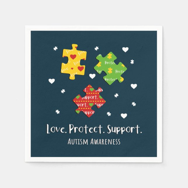 Love Protect Support Autism Awareness Puzzles Napkins (Front)