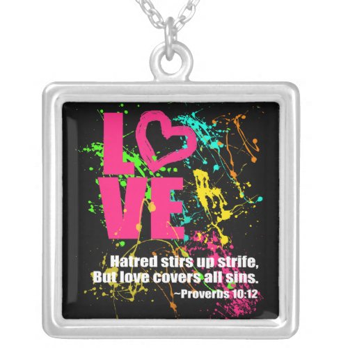 Love Proverbs Bible Verse Neon Paint Splatter Silver Plated Necklace