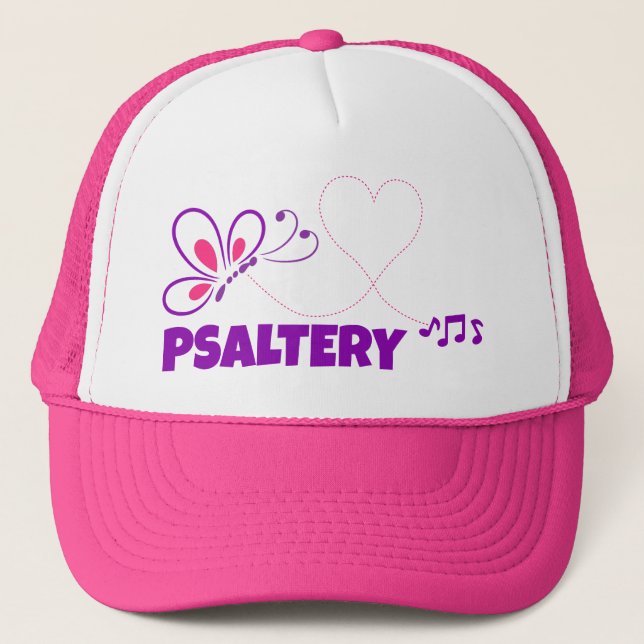 Love Psaltery Pink Purple Butterfly Heart Trucker Hat (Front)