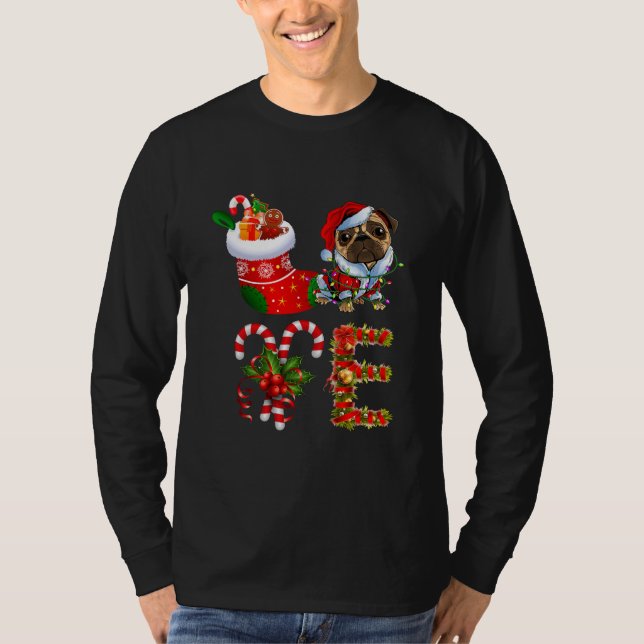Love Pug Dog Christmas Light Funny Dog Animal T-Shirt (Front)