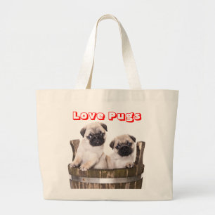 Love Pugs Puppy Dog in a Wooden Crate Barrel Tote
