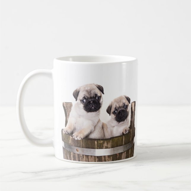 Love Pugs Puppy Dogs in Wooden Crate Barrel Coffee Coffee Mug (Left)