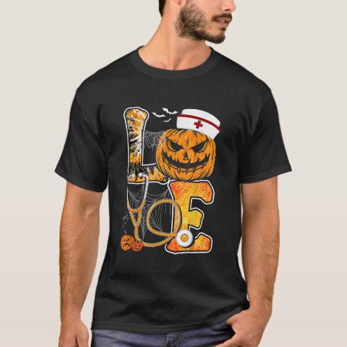 Love Pumpkin Stethoscope Funny Nurse Halloween Cos T_Shirt