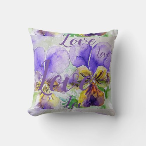 Love Purple floral flower Watercolor Viola Pattern Throw Pillow