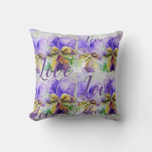 Love Purple floral flower Watercolor Viola Pattern Throw Pillow