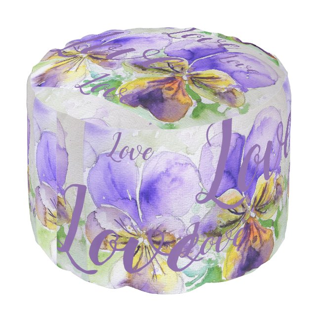 Love Purple floral flowers Watercolor Viola Pouffe Pouf (Angled Back)