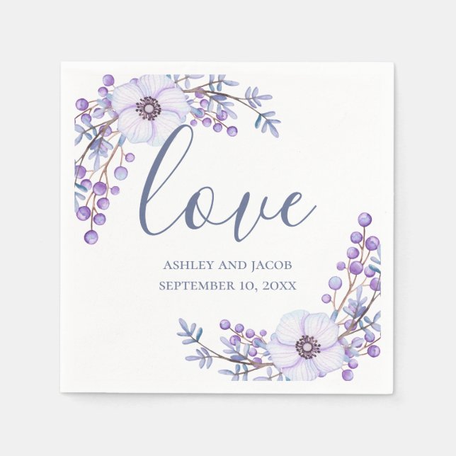 Love. Purple flowers. Lilac floral script wedding Napkins (Front)