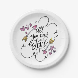 Love Purple Hearts Arrows Wedding Bridal Shower Paper Plates