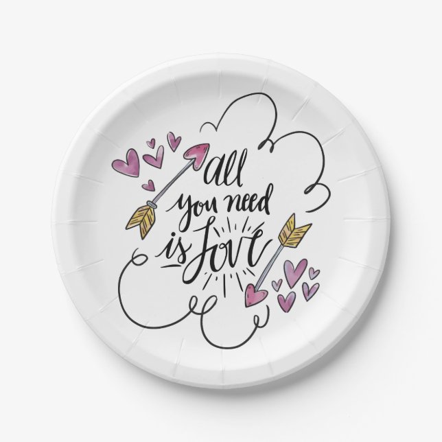 Love  Purple Hearts Arrows Wedding Bridal Shower Paper Plates (Front)