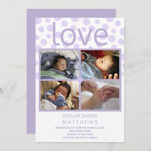 Love Purple Polka Dot 4 Photo Baby Adoption Announcement